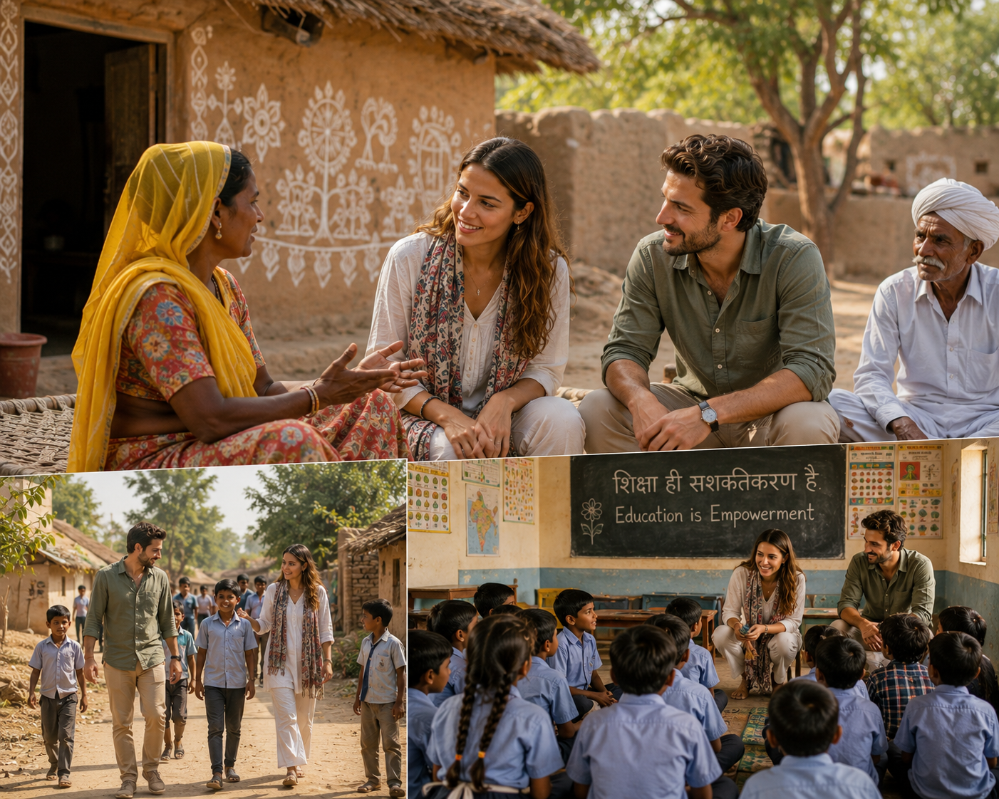 Travellers meeting local villagers and visiting a school classroom in rural Rajasthan